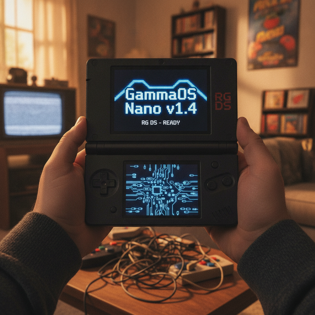 Anbernic RG35XX Plus handheld console displaying GammaOS Nano interface with new themes.