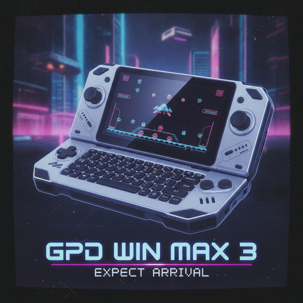 A sleek, compact gaming laptop, likely the GPD Win Max series, showcasing its keyboard and integrated controls.