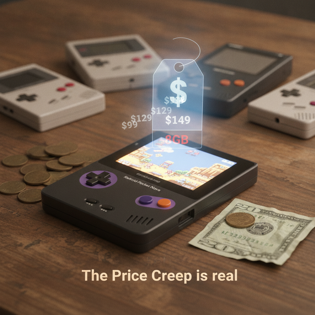 A hand holding a Retroid Pocket Nova handheld gaming device, suggesting its portability and the rising cost of such devices.