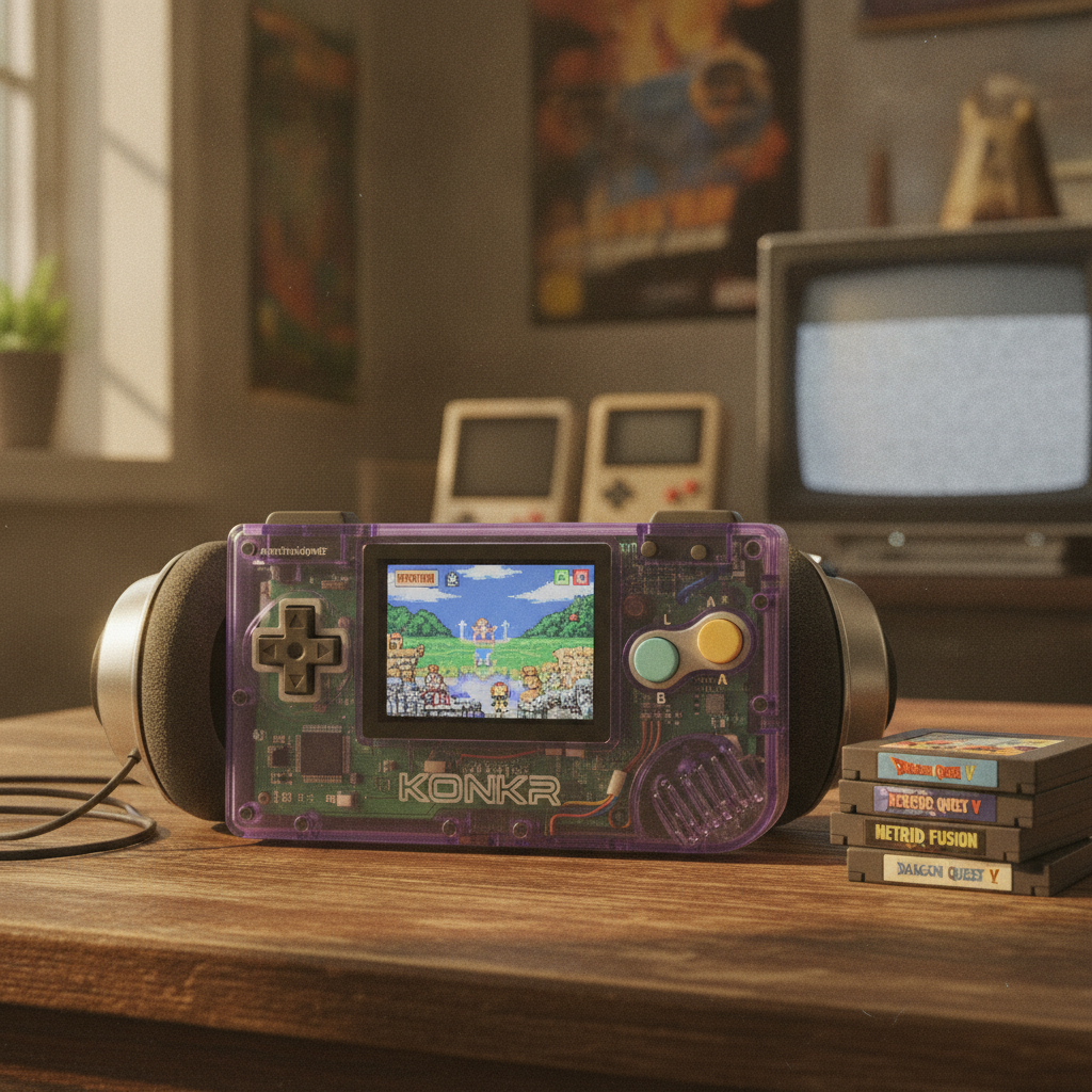The AYANEO KONKR Pocket Advance handheld gaming device, reminiscent of the Game Boy Advance, showcasing its screen and controls.