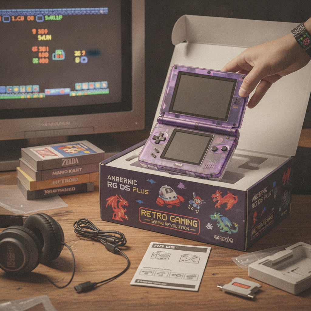 Anbernic RG DS Plus handheld console showing dual screens