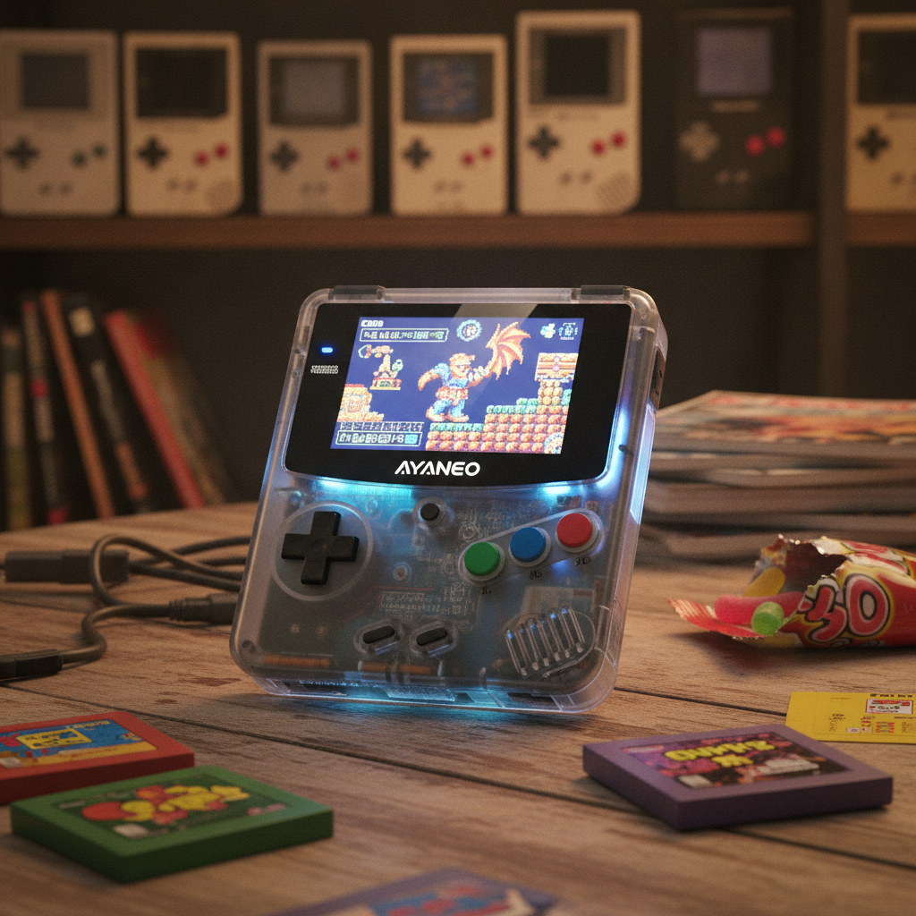 Close-up of the AYANEO KONKR Pocket Advance handheld gaming device, showcasing its compact form factor.