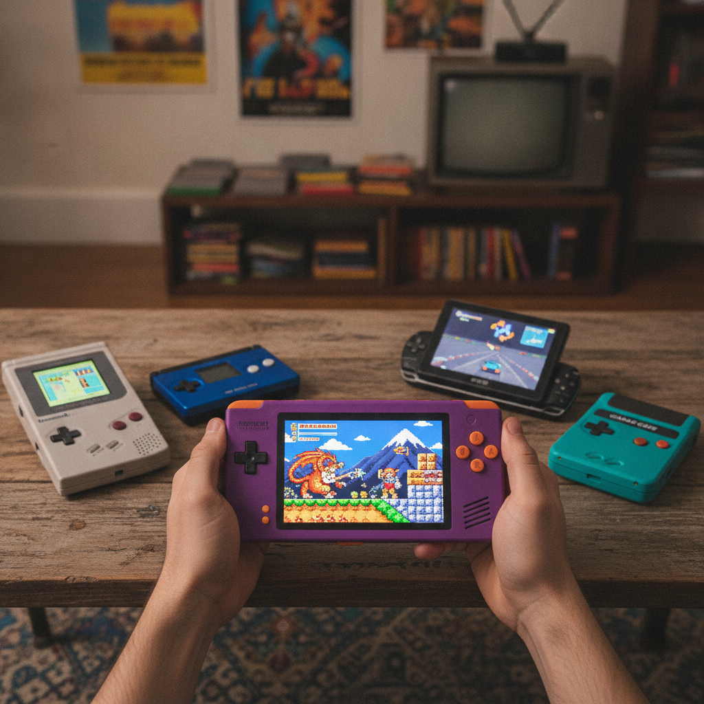 A Retroid Pocket Nova handheld device displaying a classic game.