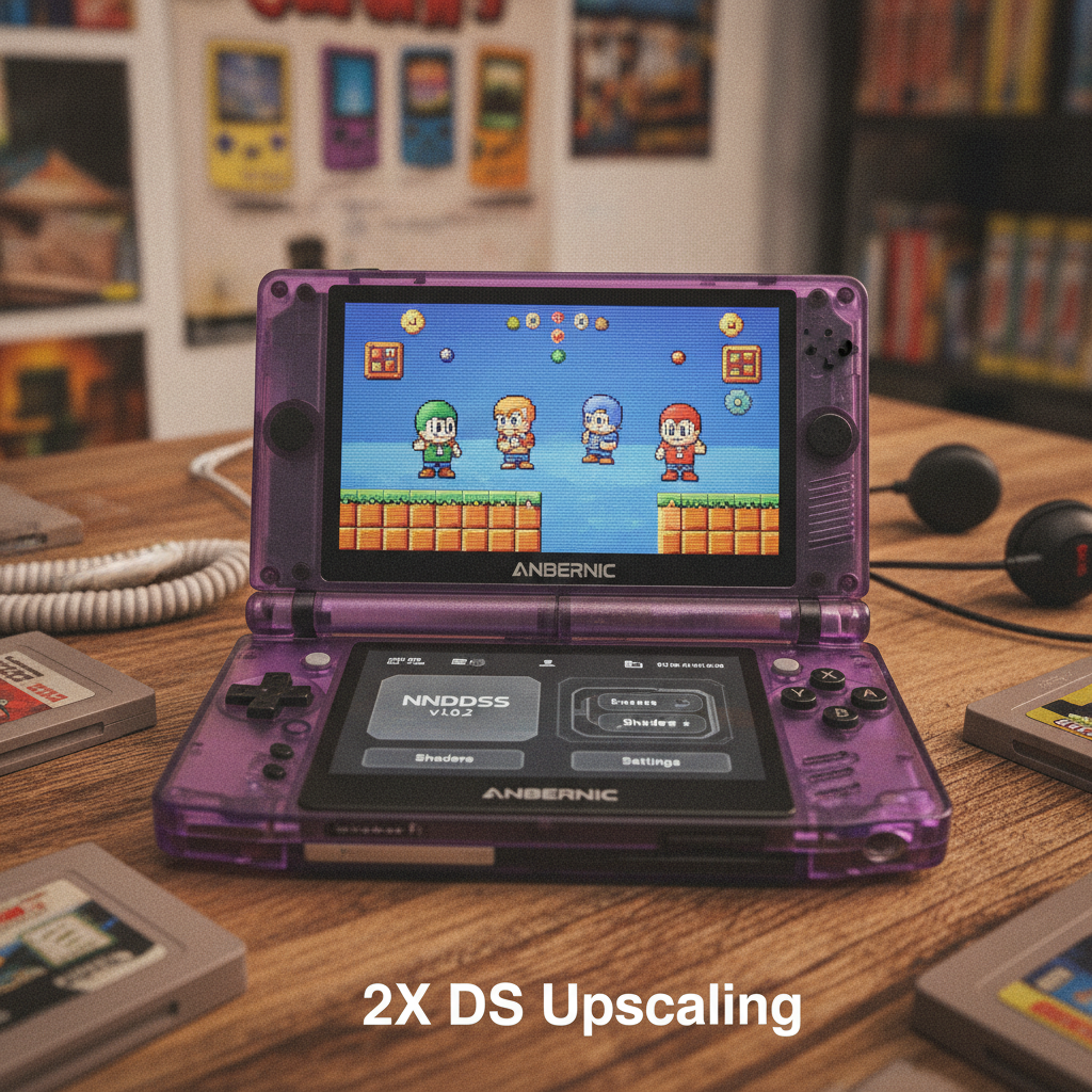 Anbernic RG DS Plus handheld console displaying a Nintendo DS game with enhanced graphics.