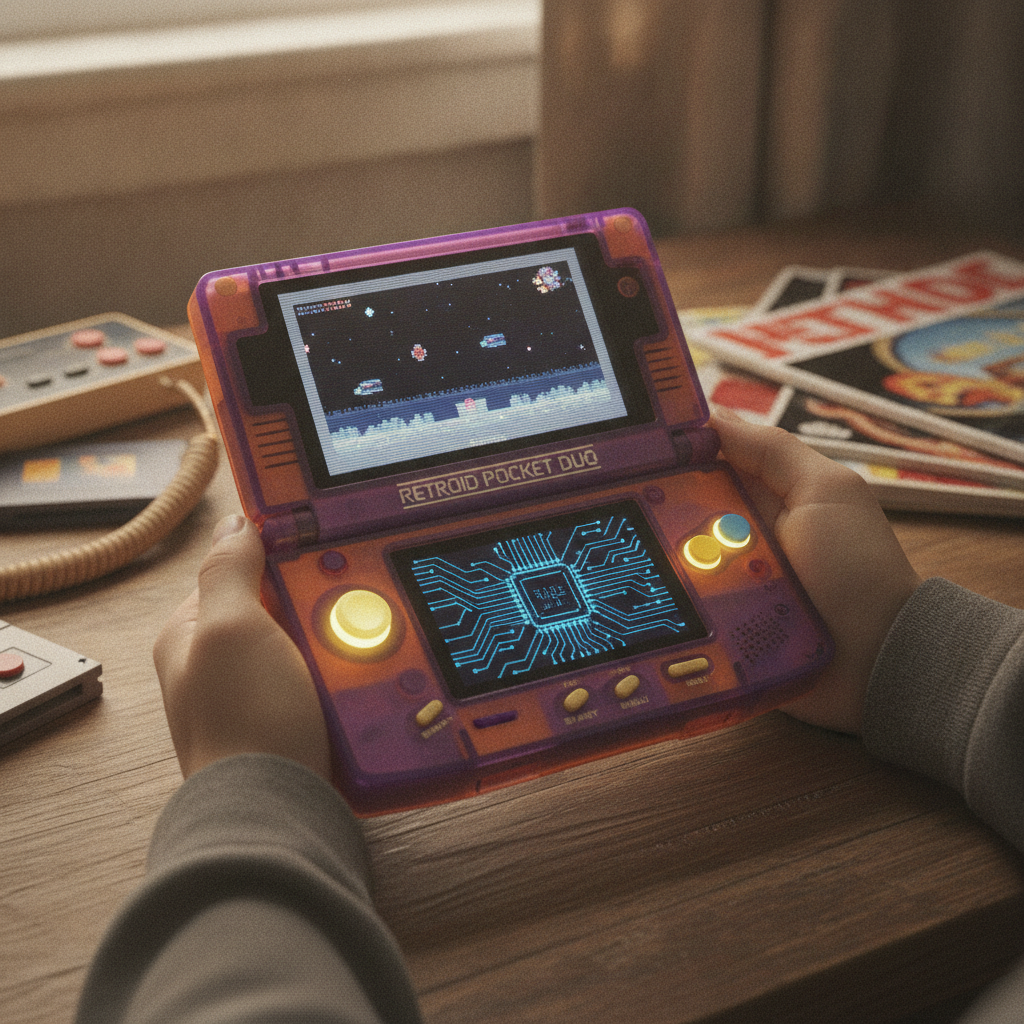 The new Retroid Pocket Duo, a dual-screen clamshell retro gaming handheld.