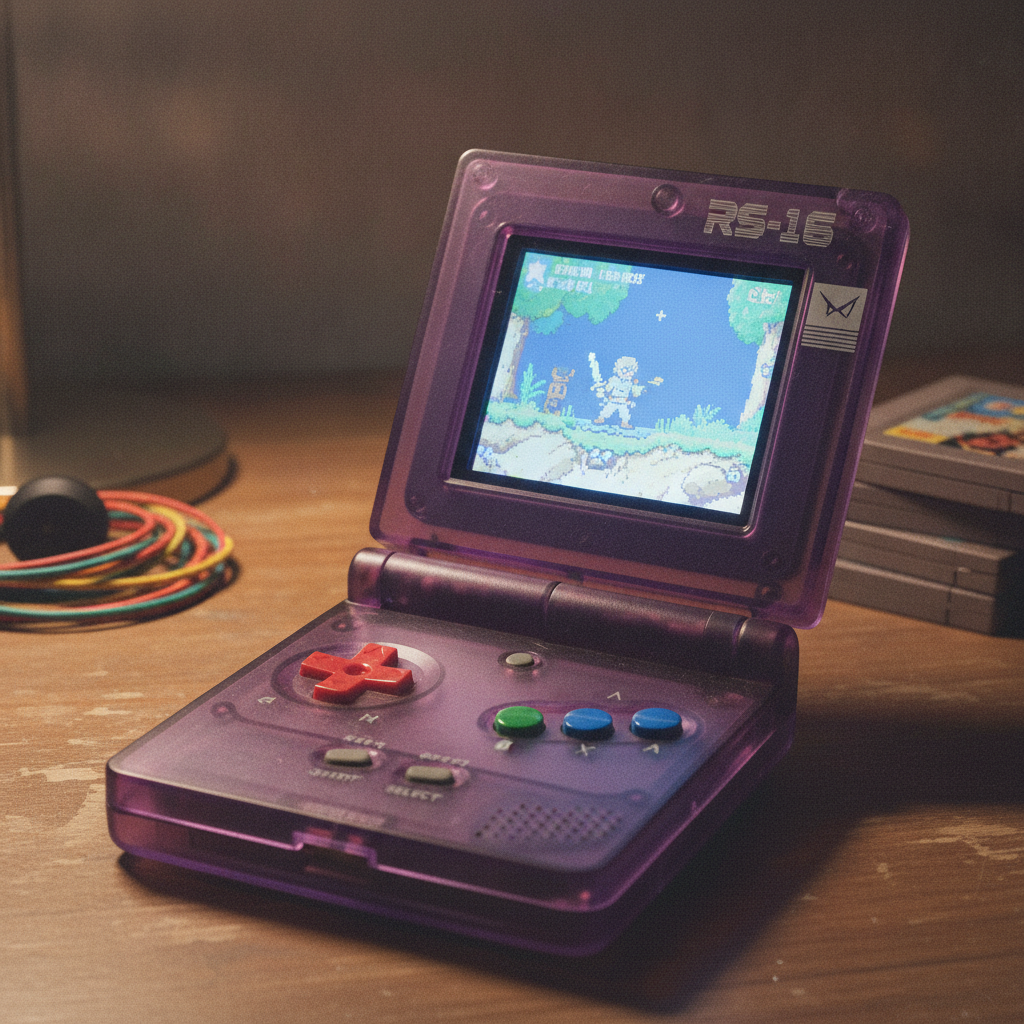 A clamshell retro gaming handheld, the RS-16, displaying a game on its screen.