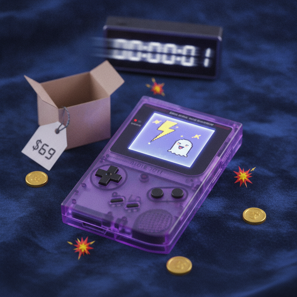 A small, retro-style gaming handheld, likely the FunnyPlaying FPGB MINI.
