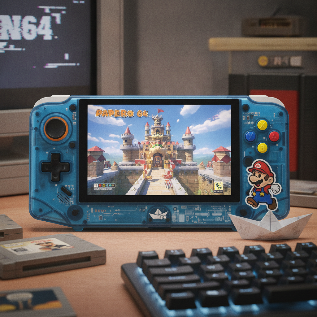 A screenshot from Paper Mario 64 showing the game running on a modern display with enhanced visuals.