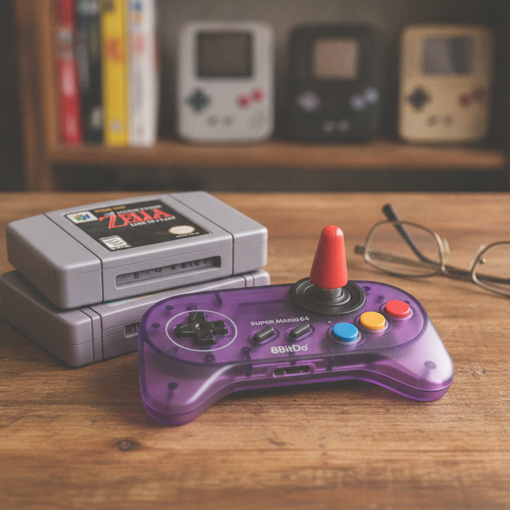 The 8BitDo 64 controller alongside a Nintendo 64 console