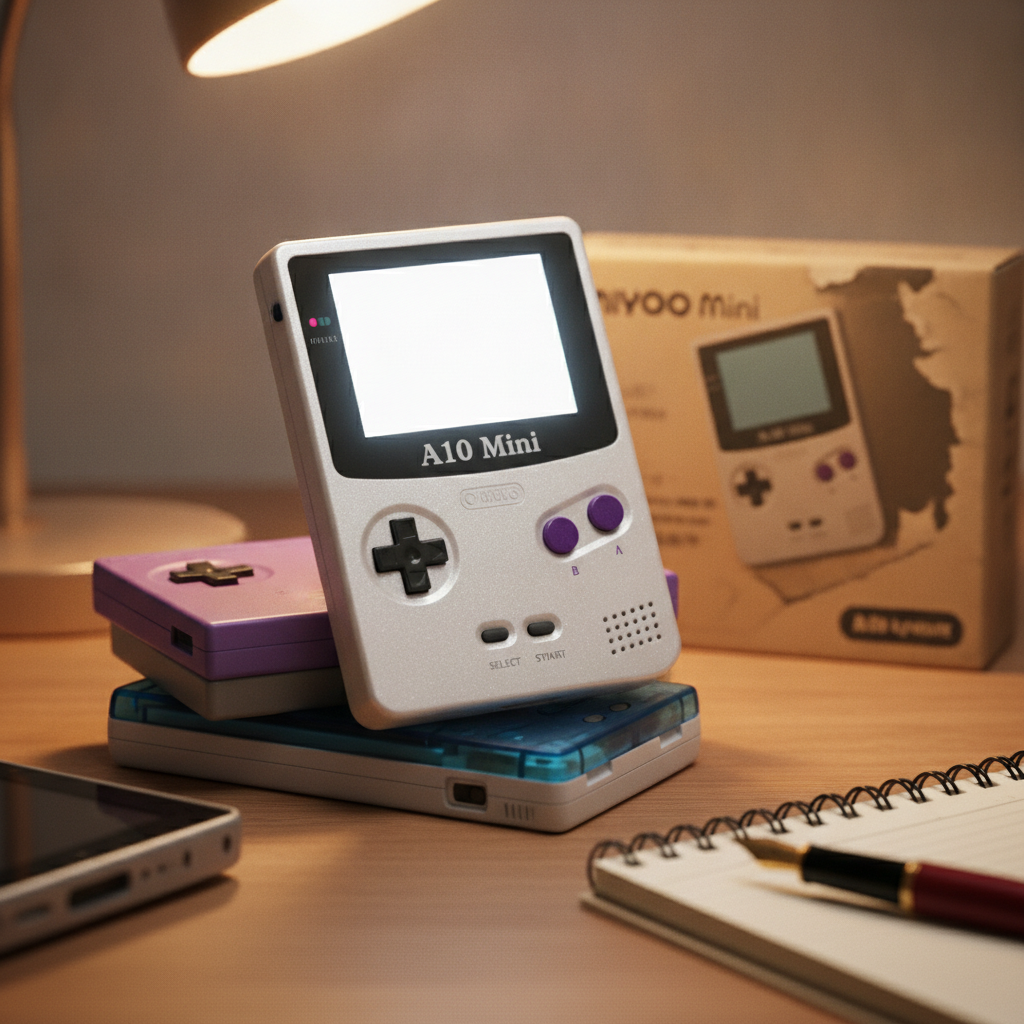The A10 Mini retro handheld device displayed prominently, showcasing its screen and controls.