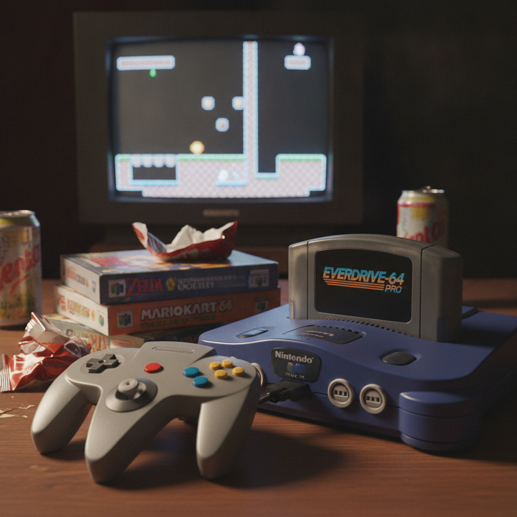 Close-up of the EverDrive-64 Pro cartridge inserted into a Nintendo 64 console.