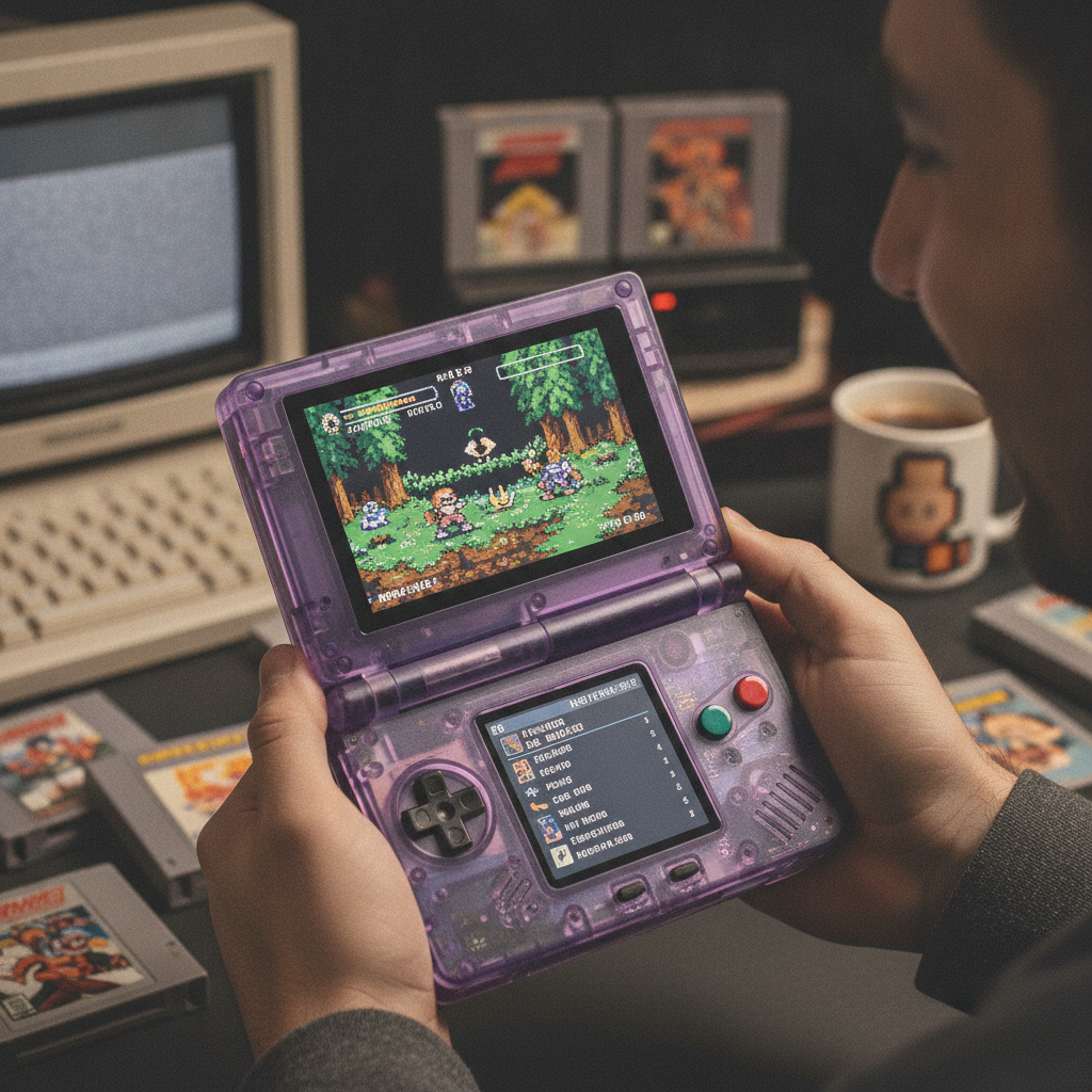 A sleek black Anbernic RG SP handheld gaming device displaying gameplay on its screen.