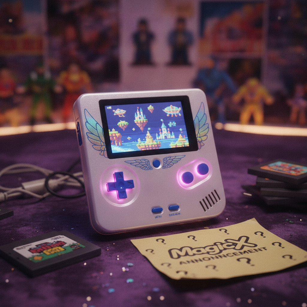 A small, compact handheld gaming device with a bright screen displaying a game, held in someone's hand.