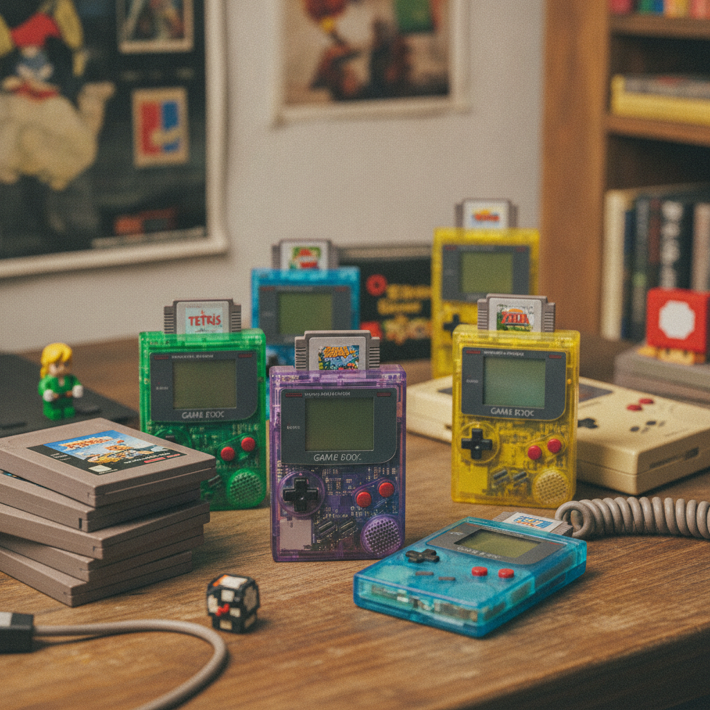 A collection of various retro handheld gaming devices and cartridges.