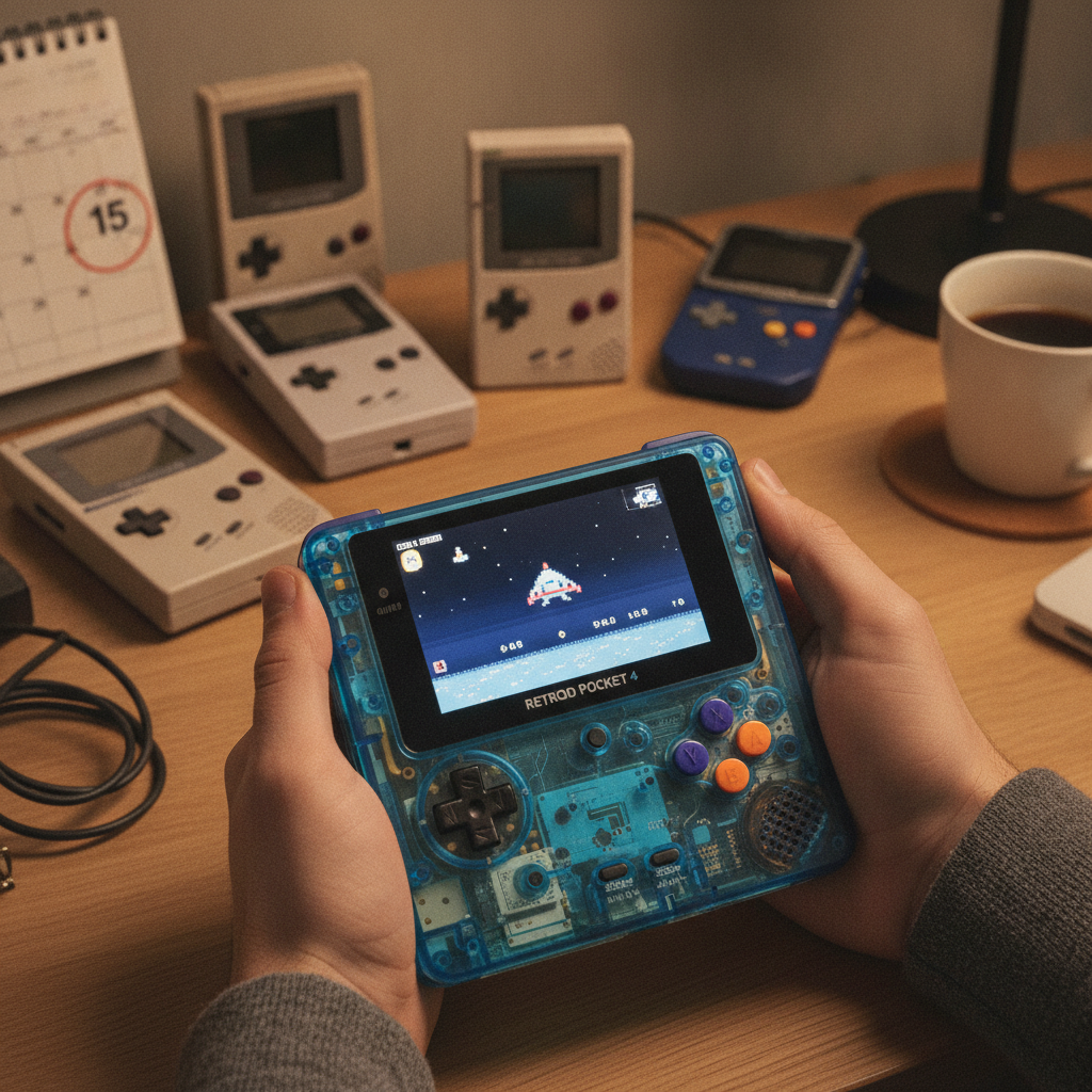 A sleek black Retroid Pocket Nova handheld gaming device