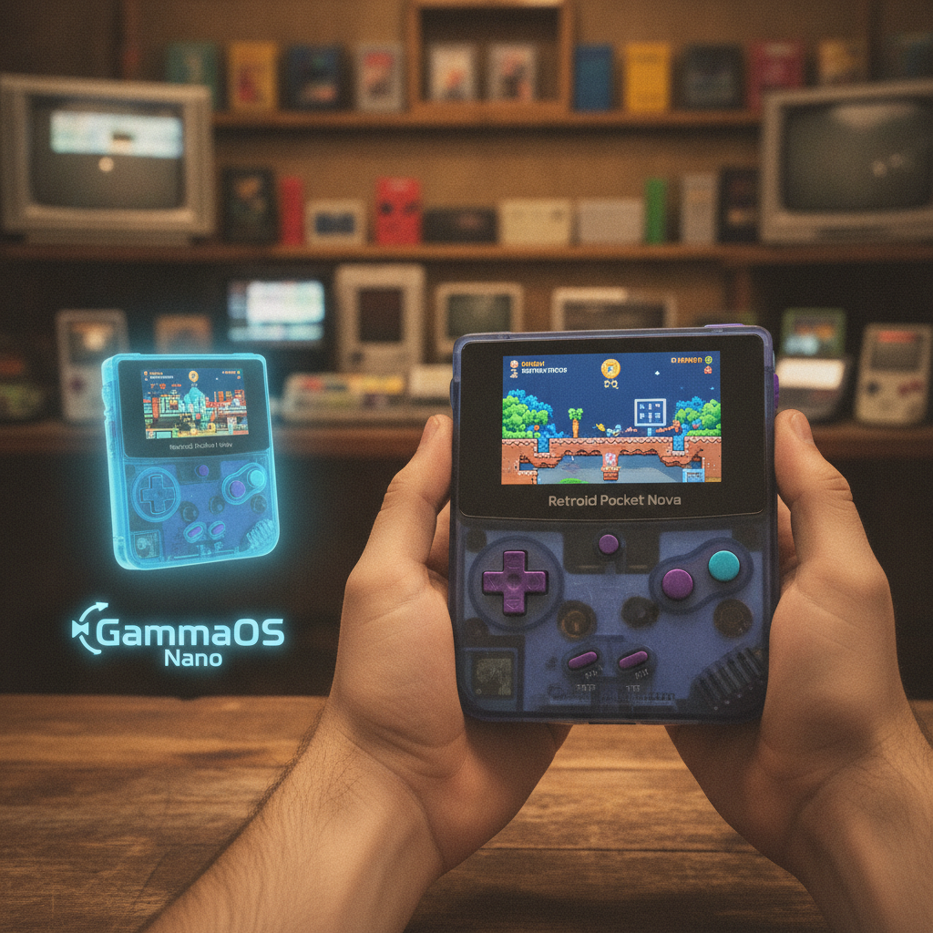 A sleek, modern retro handheld device, likely the Retroid Pocket Nova, with a vibrant screen displaying a classic game.