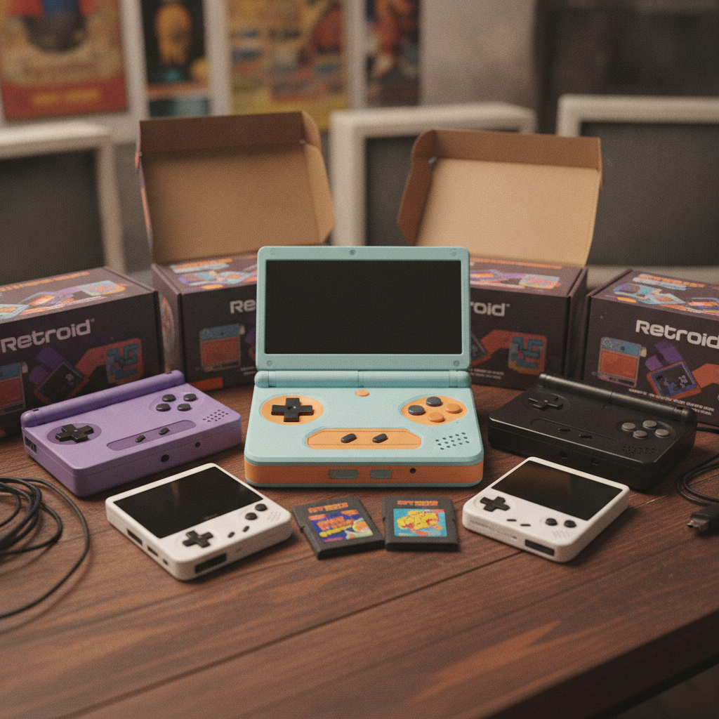 A retro handheld device, likely a Retroid model, in a vibrant color.