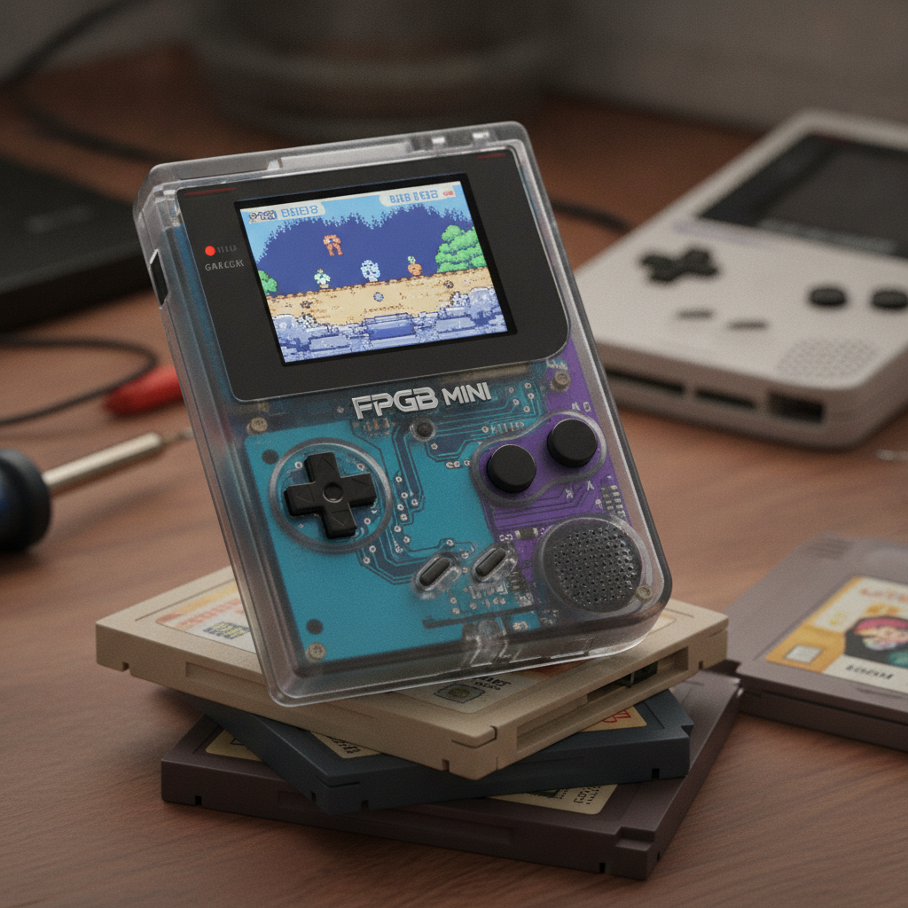 A compact retro handheld device designed for Game Boy cartridges, featuring a color screen and classic button layout.