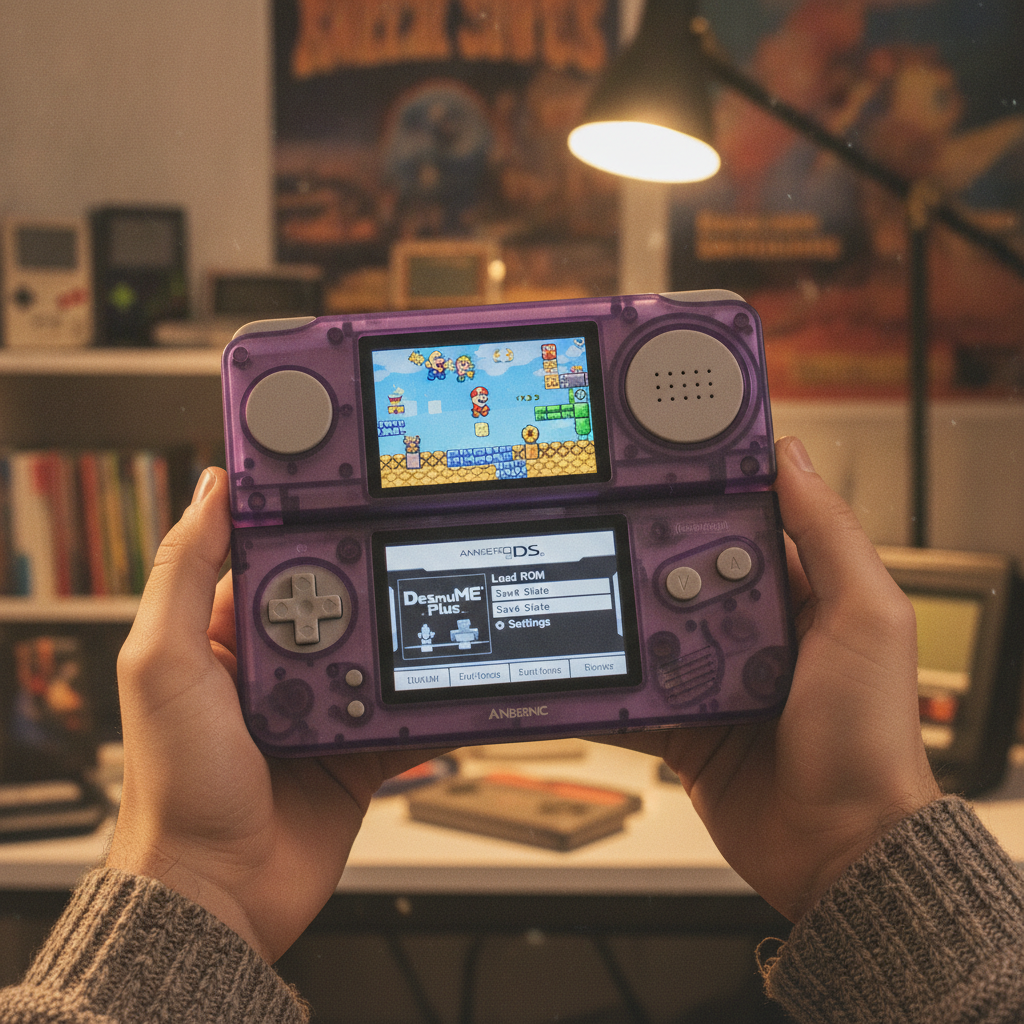 Anbernic RG DS Plus handheld console showcasing DS gameplay