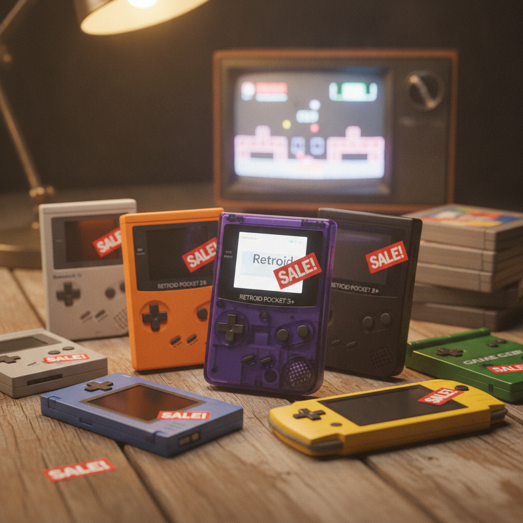 A collection of retro handheld gaming devices, possibly from Retroid, showcasing various models.