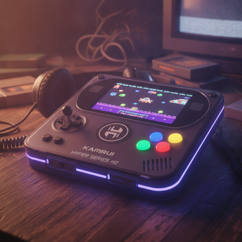 A sleek black mini PC, the Kamrui H2, sits on a desk with a monitor and keyboard, showcasing its compact design and powerful capabilities.