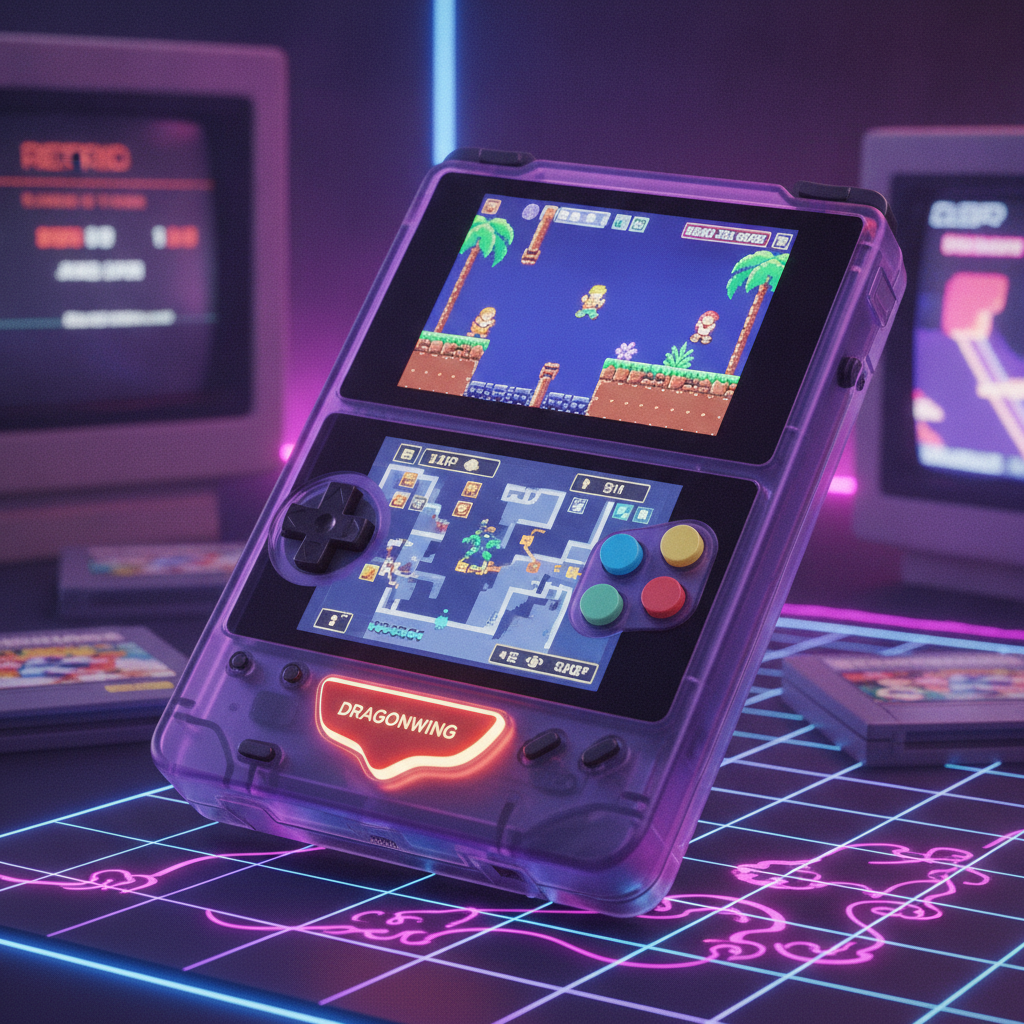 A sleek black handheld gaming device with a screen displaying a colorful retro game, set against a dark background.