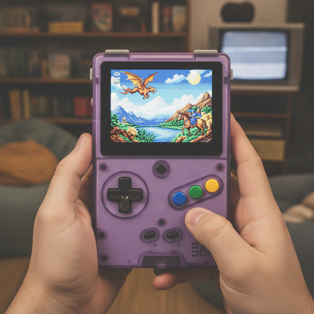 A compact vertical handheld gaming device with a bright screen