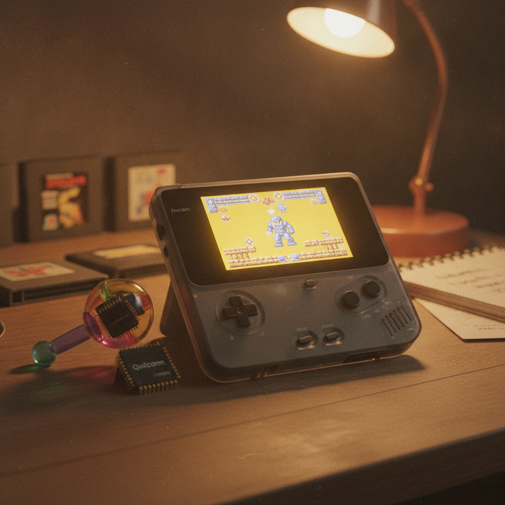 The Anbernic RG55G1 handheld gaming device displaying a game.